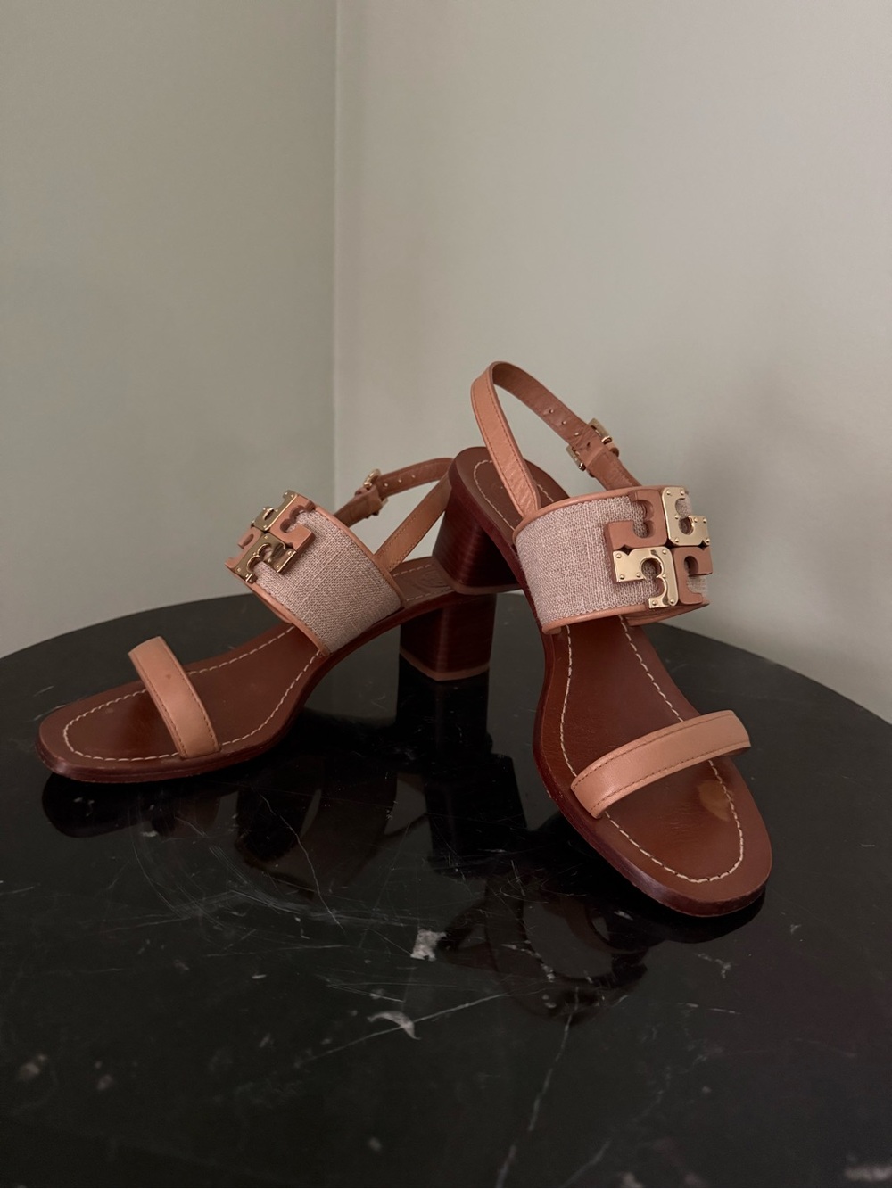 Tory Burch Canvas/Linen and Leather Slingback Block Heel Sandal
